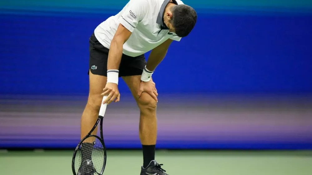 Novak Djokovic, of Serbia, reacts during the first round of the U.S. Open tennis championships against Mariano Navone, of Argentina, Sunday, Aug. 30, 2026, in New York. (AP Photo/Frank Franklin II)