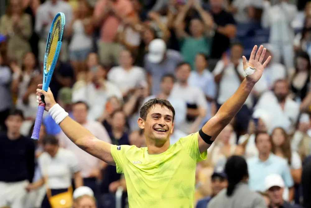 Tennis - U.S. Open - Flushing Meadows, New York, United States - August 30, 2026 Argentina's Mariano Navone celebrates winning his first round match against Serbia's Novak Djokovic IMAGN IMAGES via REUTERS/Robert Deutsch   TPX IMAGES OF THE DAY