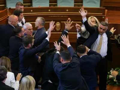 Kosovo lawmaker Time Kadriaj throws an egg at Prime Minister Albin Kurti (not pictured) during the plenary session to elect the new speaker of the parliament in Pristina, Kosovo, August 8, 2026. Kosovo parliament remains unconstituted. REUTERS/Valdrin Xhemaj