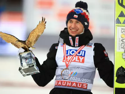 Ski Jumping - Four Hills Tournament - Bischofshofen, Austria - January 6, 2021 Poland's Kamil Stoch celebrates winning the Four Hills Tournament REUTERS/Lisi Niesner