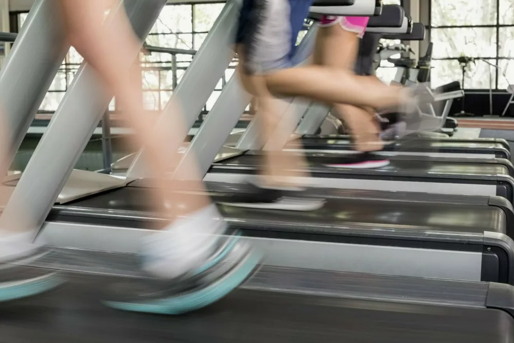 Women and men running on a treadmill at the gym,Image: 280009115, License: Royalty-free, Restrictions:, Model Release: no 