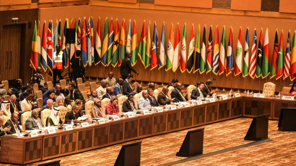 (240119) -- KAMPALA, Jan. 19, 2024 (Xinhua) -- Delegates attend the opening ceremony of the 19th Summit of Heads of State and Government of the Non-Aligned Movement (NAM) in Kampala, Uganda, on Jan. 19, 2024. The 19th Summit of Heads of State and Government of the Non-Aligned Movement (NAM) opened here Friday with a call by leaders to member states to focus on unity as the world grapples with the continued push for unilateralism. (Photo by Hajarah Nalwadda/Xinhua) Photo: Hajarah Nalwadda/XINHUA