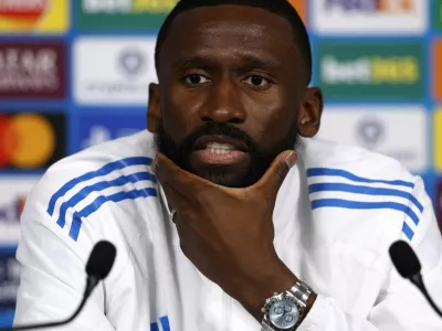 Soccer Football - UEFA Champions League - Real Madrid Press Conference - Etihad Stadium, Manchester, Britain - March 16, 2026 Real Madrid's Antonio Rudiger during press conference Action Images via Reuters/Jason Cairnduff