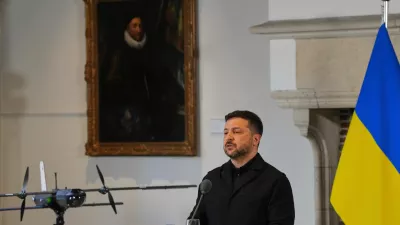 Ukraine's President Volodymyr Zelenskyy speaks next to a drone after he received the International Four Freedoms Award, in Middelburg, Netherlands, Thursday, April 16, 2026. (AP Photo/Peter Dejong)