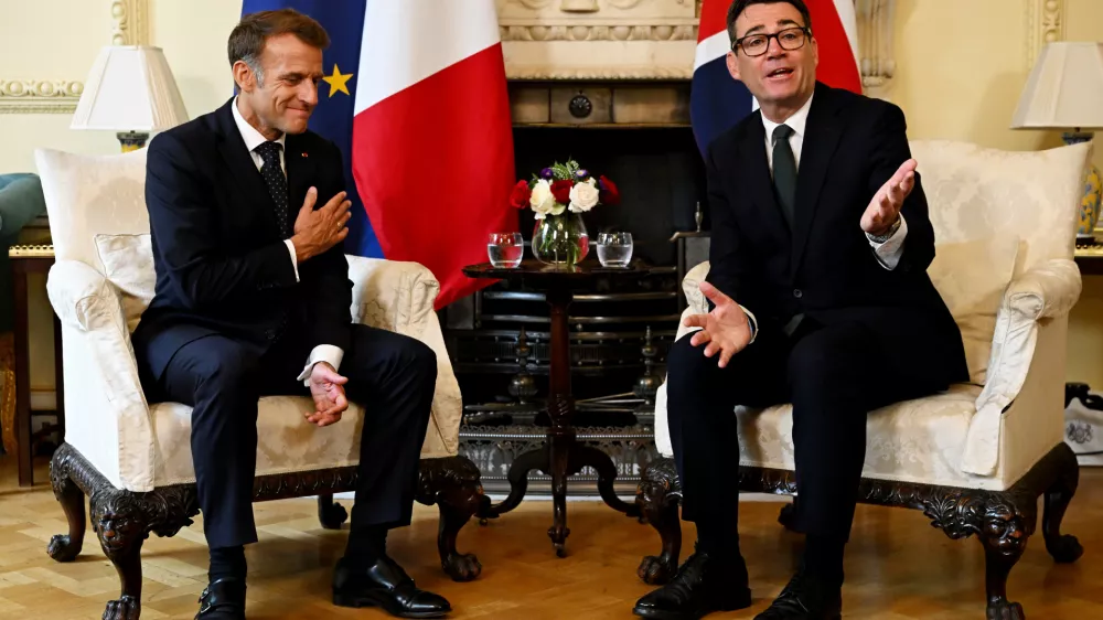 Britain's Prime Minister Andy Burnham, right, speaks with French President Emmanuel Macron, left, during a bilateral meeting at 10 Downing Street in London, Thursday, Sept. 3, 2026. (Leon Neal/Pool Photo via AP)