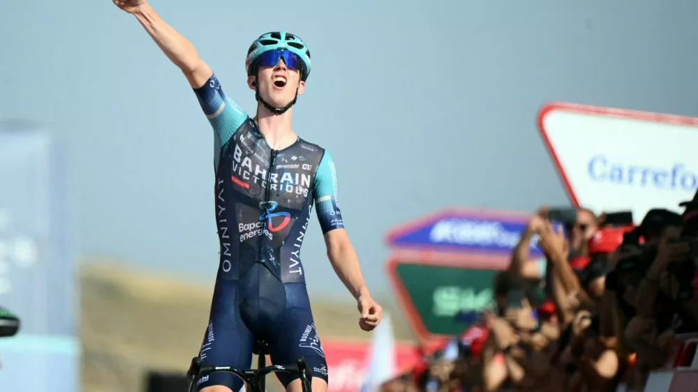 Team Bahrain's Slovenian rider Jakob Omrzel celebrates winning the 12th stage of the Vuelta a Espana 2026 cycling tour, a 166,6 km race between Vera and Calar Alto, on September 3, 2026.,Image: 1130429913, License: Rights-managed, Restrictions:, Model Release: no 