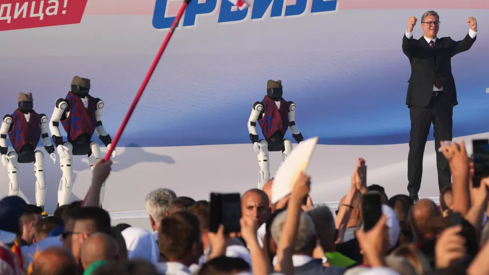 Serbian President Aleksandar Vucic addresses a rally of the ruling Serbian Progressive Party (SNS) in Belgrade, Serbia, Saturday, June 27, 2026, where he announced that he will resign in the coming weeks. (AP Photo/Darko Vojinovic)