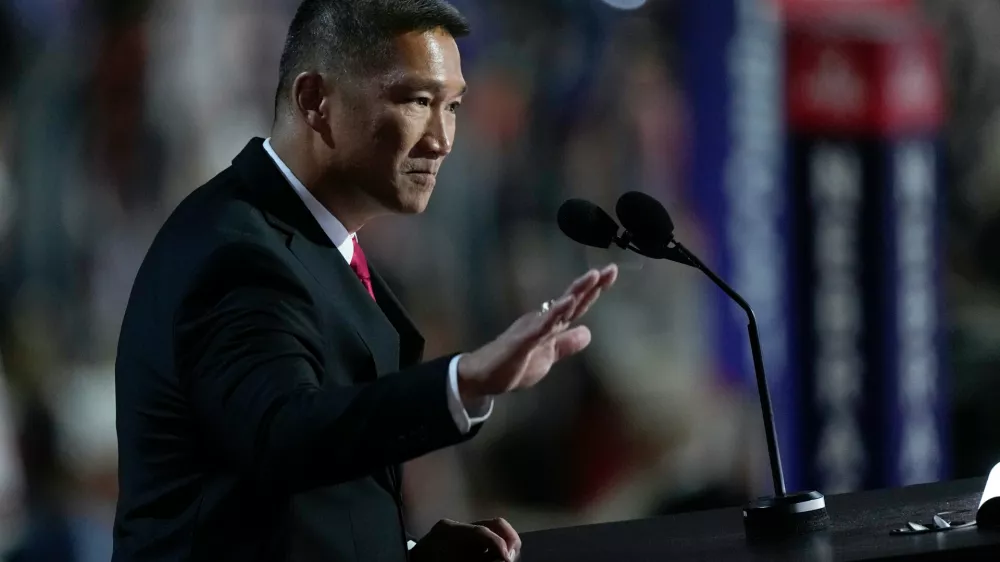 FILE - Hung Cao speaks during the Republican National Convention, July 16, 2024, in Milwaukee. (AP Photo/Matt Rourke, file)