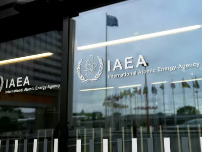 FILE PHOTO: The IAEA logo is displayed in front of the agency's headquarters in Vienna, Austria, June 5, 2026. REUTERS/Elisabeth Mandl/File Photo