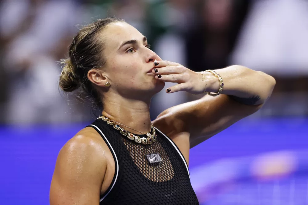 Aryna Sabalenka, of Belarus, celebrates winning a match against Polina Iatcenko, of Russia, during the second round of the U.S. Open tennis championships, Wednesday, Sept. 2, 2026, in New York. (AP Photo/Adam Hunger)