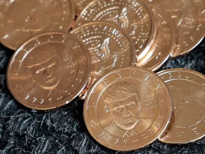 U.S. President Donald Trump's portrait on  coins, in honor of the nation's 250th anniversary of independence, on the day the coin is released for sale, is seen in this illustration taken, September 2, 2026. REUTERS/Kylie Cooper/Illustration