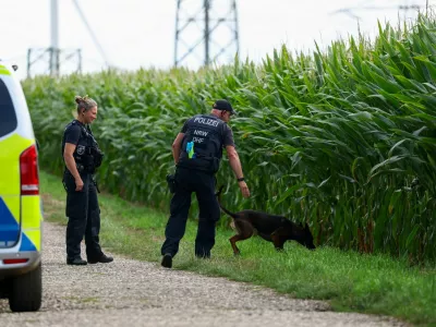 German police officers use a dog to search near a road after a second sabotage attempt on Germany's electricity grid, with local police saying they are investigating an attack on a substation in Bergheim, Germany, September 2, 2026. REUTERS/Thilo Schmuelgen