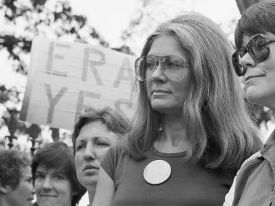 FILE - Gloria Steinem of the National Organization for Women attends an Equal Rights Amendment rally outside the White House on July 4, 1981, in Washington. (AP Photo/Scott Applewhite, File)