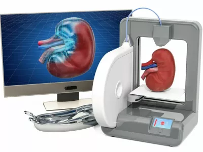 Creating artificial kidney on three dimensional printer, 3d printing in medicine concept. 3D rendering isolated on white background / Foto: Alexlmx