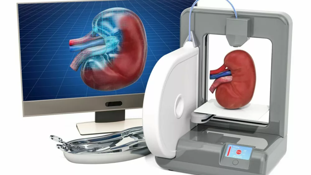 Creating artificial kidney on three dimensional printer, 3d printing in medicine concept. 3D rendering isolated on white background / Foto: Alexlmx