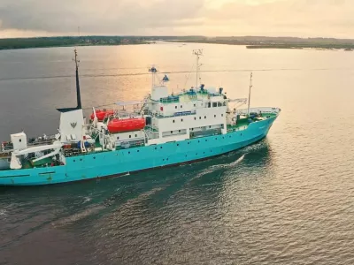 A screengrab from an archive video shot in July 2022 shows Professor Molchanov, a Russian ship afloat in Arkhangelsk, Russia, which, according to officials, was seized by Norway in the Arctic. Alexander Ermolin/Handout via REUTERS  THIS IMAGE HAS BEEN SUPPLIED BY A THIRD PARTY. MANDATORY CREDIT. VERIFICATION: - Church, buildings, trees and river matched satellite and archive imagery - Vessel identity verified by the mast, bridge and hull which matched archive imagery - Vessel also has name written on side of ship