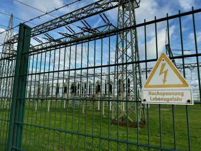 A general view after a sabotage attempt which had been made to short-circuit a power grid installation in Dormagen, in the western state of North Rhine-Westphalia, Germany September 4, 2026. Sign reads "high voltage - danger to life".  REUTERS/Petra Wischgoll