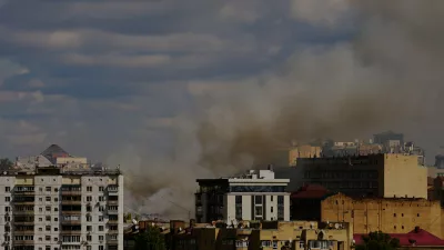 Smoke rises after a Russian drone attack in downtown Kyiv, Wednesday, Sept. 2, 2026. (AP Photo/Francisco Seco)