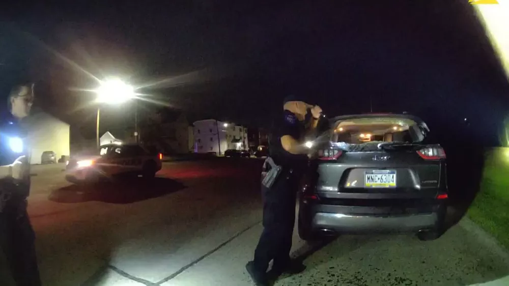 Police body cam footage released by the California Borough Police Department in Washington County, Pennsylvania shows the moment officers discovered the body of a college student in a vehicle in Washington County, Pa. on Thursday, Aug. 20, 2026. (California Borough Police Department via AP)