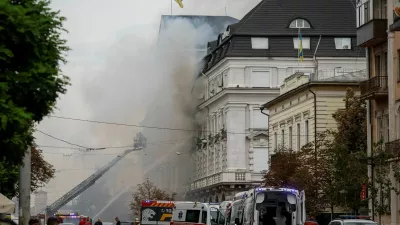 Firefighters work at a site of a building of the headquarters of Ukraine's SBU security service after a Russian drone strike, amid Russia's attack on Ukraine, in Kyiv, Ukraine September 4, 2026. REUTERS/Gleb Garanich