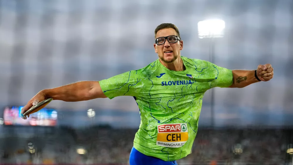 Kristjan Ceh of Slovenia makes an attempt in the men's discus throw final at the European Athletics Championships in Birmingham, England, Thursday, Aug. 13, 2026. (AP Photo/Matthias Schrader)