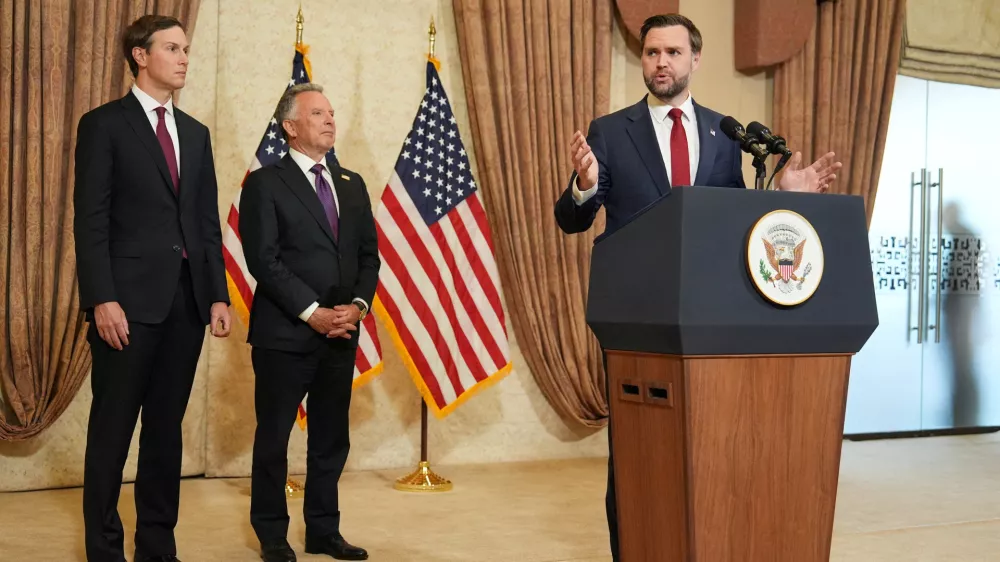FILE PHOTO: U.S. Vice President JD Vance speaks during a press conference after meeting with representatives from Pakistan and Iran as Jared Kushner and Steve Witkoff, Special Envoy for Peace Missions, listen, on Sunday, April 12, 2026, in Islamabad, Pakistan. Jacquelyn Martin/Pool via REUTERS/File Photo
