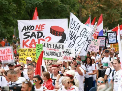People protest demanding urgent action over illegally dumped hazardous waste in the Lika region and warning of risks to groundwater and public health, in Zagreb, Croatia, September 5, 2026. REUTERS/Borut Zivulovic