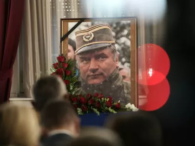 A photo of former Bosnian Serb wartime general Ratko Mladic is displayed during a commemoration ceremony in Belgrade, Serbia, Saturday, Sept. 5, 2026. (AP Photo/Darko Vojinovic)