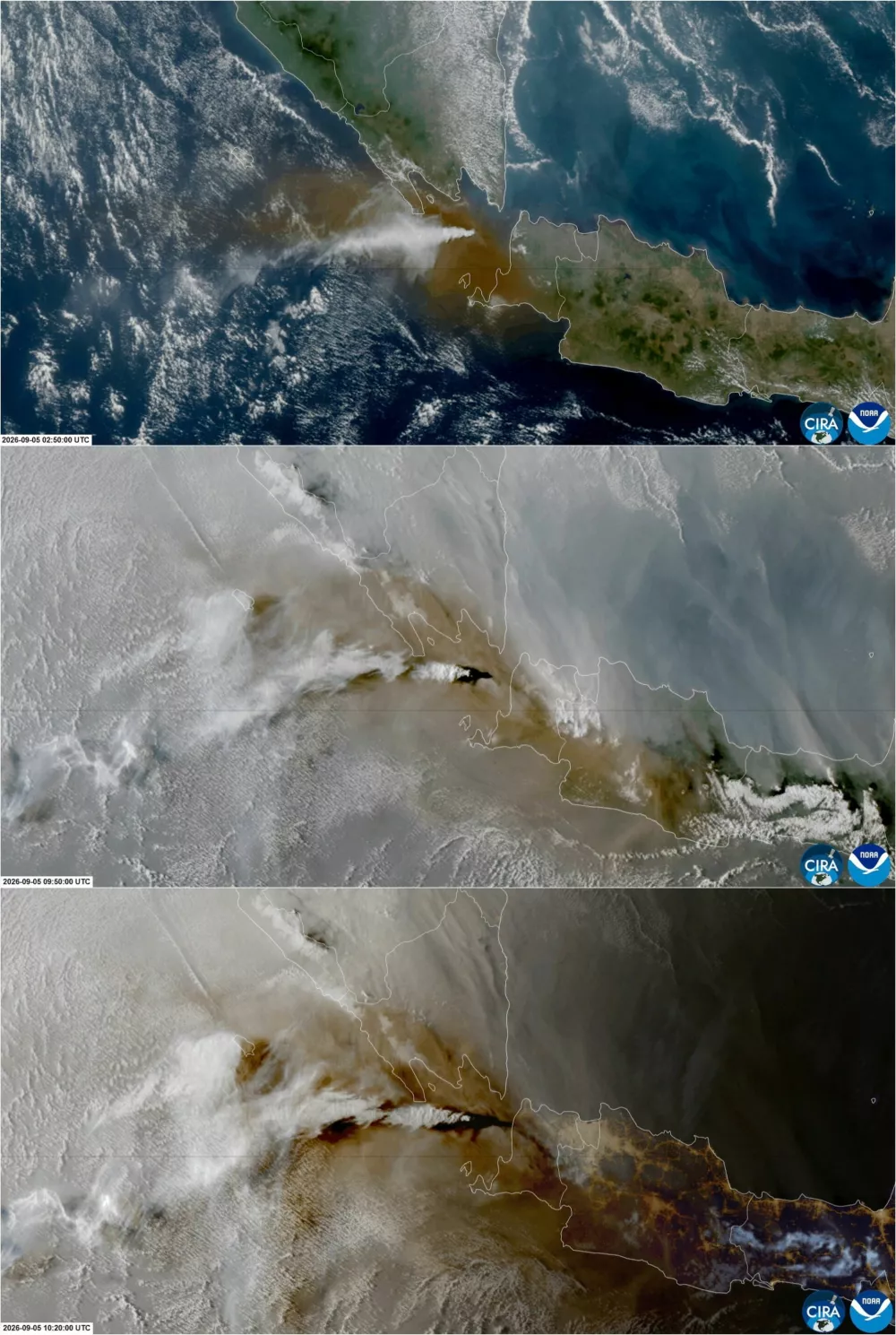 A combination image shows satellite view of a volcanic eruption at Mount Anak Krakatau, Indonesia, September 5, 2026, in this screengrab obtained from a timelass satellite video. CSU/CIRA & JMA/JAXA/Handout via REUTERS  THIS IMAGE HAS BEEN SUPPLIED BY A THIRD PARTY. MANDATORY CREDIT. WATERMARK AND OVERLAY FROM SOURCE.