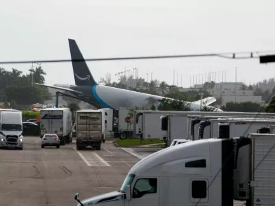 A view of an Amazon Prime Air cargo plane that airport officials said overran a runway at Miami International Airport, in Miami, Florida, U.S., September 6, 2026. REUTERS/Marco Bello