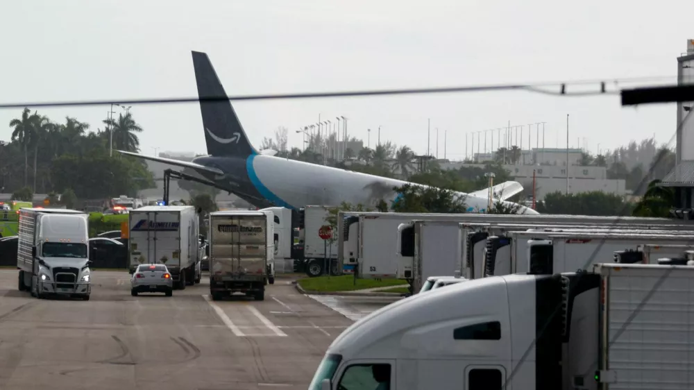 A view of an Amazon Prime Air cargo plane that airport officials said overran a runway at Miami International Airport, in Miami, Florida, U.S., September 6, 2026. REUTERS/Marco Bello