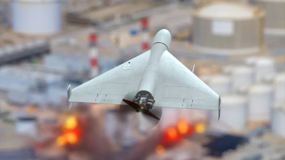 Military drone attack on oil refinery, oil depot fire, explosions and fire.
