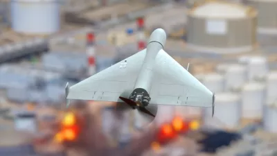 Military drone attack on oil refinery, oil depot fire, explosions and fire.