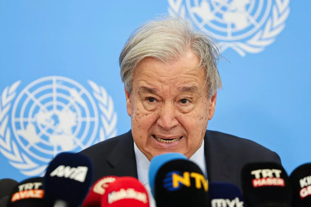 United Nations Secretary-General Antonio Guterres attends a press conference following a meeting with Cyprus President and Greek Cypriot leader Nikos Christodoulides and Turkish Cypriot leader Tufan Erhurman at a U.N. compound in the Nicosia airport area, inside the United Nations-controlled buffer zone in the divided capital of Nicosia, Cyprus, July&nbsp;29, 2026. REUTERS/Yiannis Kourtoglou