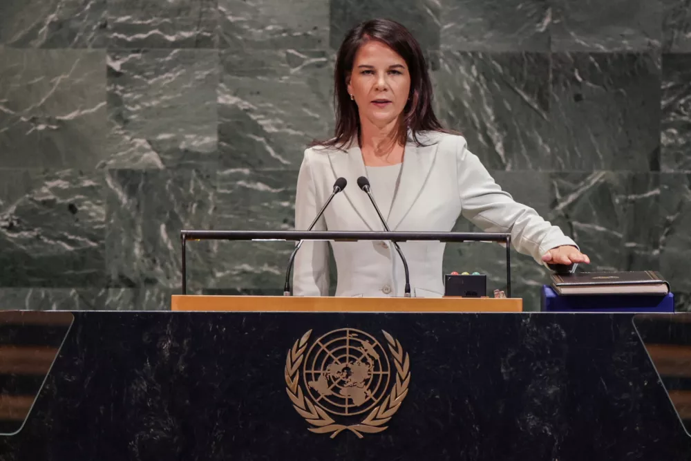 Annalena Baerbock, President-elect of the 80th General Assembly, takes the oath following the swearing-in ceremony at U.N. headquarters in New York City, U.S., September 9, 2025. REUTERS/Jeenah Moon