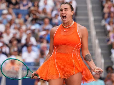 Aryna Sabalenka, of Belarus, celebrates winning a match against Linda Noskova, of the Czech Republic, during the quarterfinal round of the U.S. Open tennis championships, Tuesday, Sept. 8, 2026, in New York. (AP Photo/Seth Wenig)