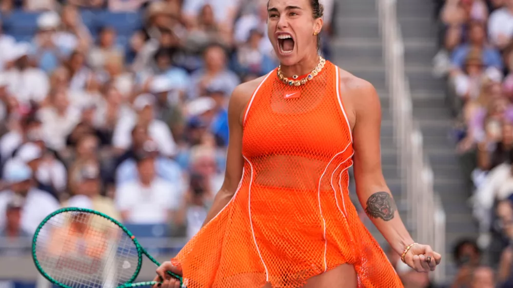 Aryna Sabalenka, of Belarus, celebrates winning a match against Linda Noskova, of the Czech Republic, during the quarterfinal round of the U.S. Open tennis championships, Tuesday, Sept. 8, 2026, in New York. (AP Photo/Seth Wenig)