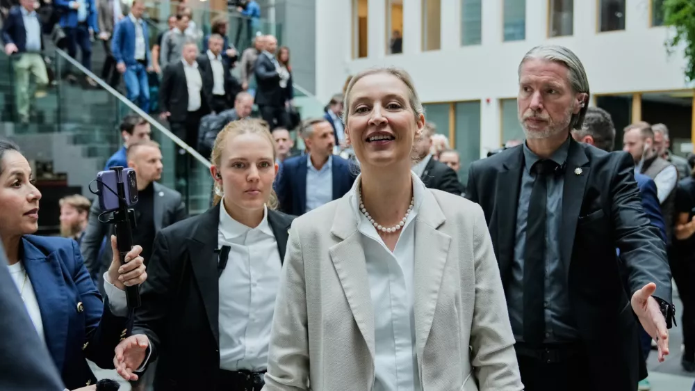 Co-leaders of Alternative for Germany party, or AfD, Alice Weidel, leaves a press conference in Berlin, Germany, Monday, Sept. 7, 2026. (AP Photo/Ebrahim Noroozi)