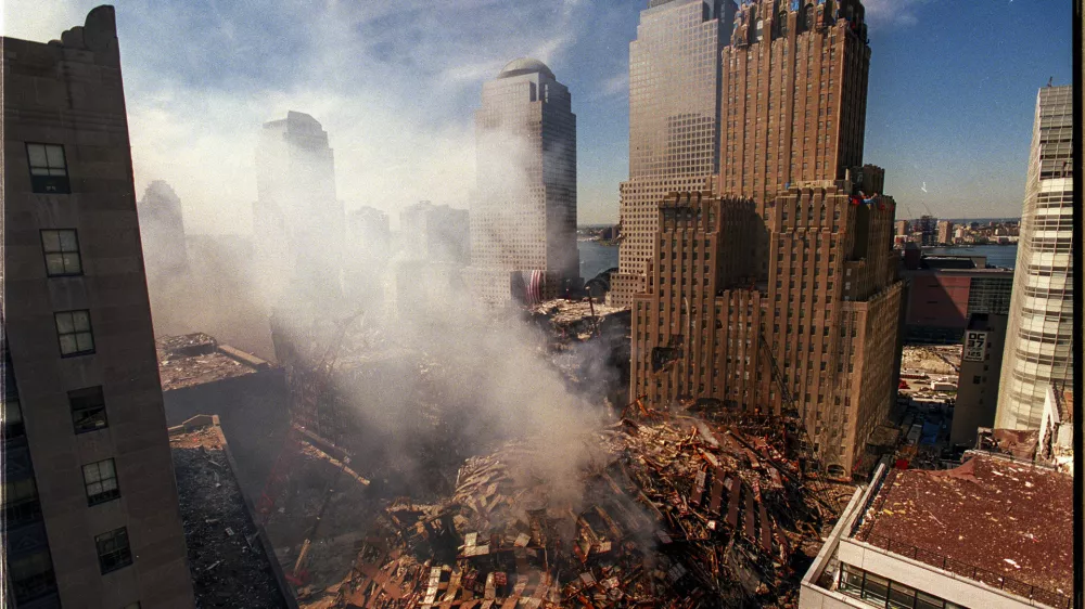 September 5, 2026, New York City, New York, USA: NEW YORK &acirc;&euro;" Smoke rises from the ruins of Ground Zero on Sept. 17, 2001, six days after the terrorist attacks that destroyed the World Trade Center and killed nearly 3,000 people. (Credit Image: &copy; Ringo Chiu/ZUMA Press Wire)