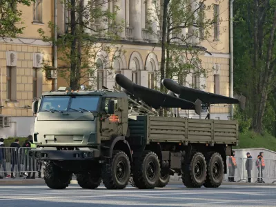 FILE PHOTO: An armoured truck transports Russia's Geran unmanned comabt aerial vehicles before a military parade on Victory Day, marking the 80th anniversary of the victory over Nazi Germany in World War Two, in Moscow, Russia, May 9, 2025. REUTERS/Shamil Zhumatov/File Photo