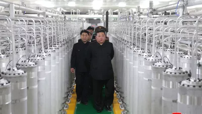 In this photo provided by the North Korean government, its leader Kim Jong Un, front right, visits a new facility to produce nuclear bomb fuels at an undisclosed place in North Korea Wednesday, June 3, 2026. Independent journalists were not given access to cover the event depicted in this image distributed by the North Korean government. The content of this image is as provided and cannot be independently verified. Korean language watermark on image as provided by source reads: "KCNA" which is the abbreviation for Korean Central News Agency. (Korean Central News Agency/Korea News Service via AP)