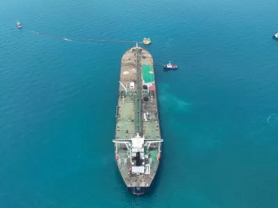 FILE PHOTO: Drone view of oil tanker HELGA berthed at one of Iraq's southern offshore oil terminals near Basra, as it prepares to load crude oil, becoming the second vessel to arrive since the closure of the Strait of Hormuz, April 24, 2026. REUTERS/Mohammed Aty//File Photo