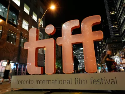 FILE - A sign for the Toronto International Film Festival appears on the opening night of the festival in Toronto on Sept. 5, 2024. (AP Photo/Chris Pizzello, File)