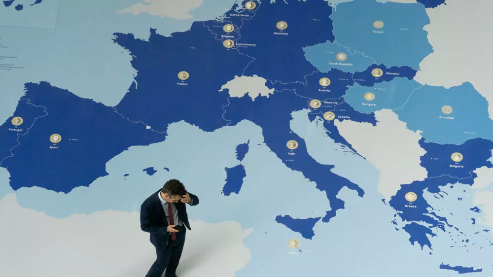 June 11, 2026, Frankfurt, Hesse, Germany: A man stands over a map on the European Central Bank building before a press conference following a Governing Council meeting in Frankfurt am Main, Germany. (Credit Image: &copy; Matias Basualdo/ZUMA Press Wire)