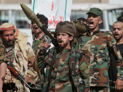 Yemen's Houthi rebels march during a mobilization campaign in Sanaa, Yemen, Thursday, Sept. 10, 2026. (AP Photo)
