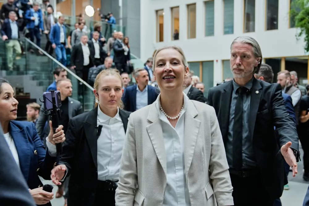 Co-leaders of Alternative for Germany party, or AfD, Alice Weidel, leaves a press conference in Berlin, Germany, Monday, Sept. 7, 2026. (AP Photo/Ebrahim Noroozi)