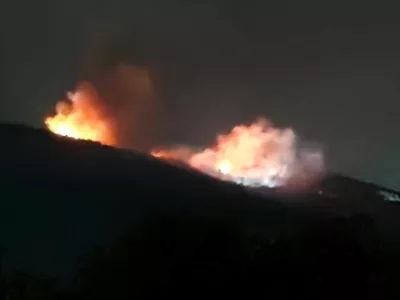 Fire and smoke rise near an ammunition warehouse, near the village of Tsareva Livada, Bulgaria, September 12, 2026. Stringer/via REUTERS THIS IMAGE HAS BEEN SUPPLIED BY A THIRD PARTY. BULGARIA OUT. NO COMMERCIAL OR EDITORIAL SALES IN BULGARIA. BEST QUALITY AVAILABLE.