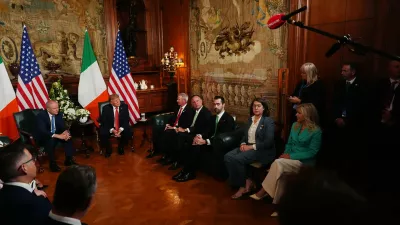 Ireland's Prime Minister Micheál Martin, center left, and U.S. President Donald Trump during a meeting at Farmleigh House in Dublin, Saturday, Sept. 12, 2026. (AP Photo/Julia Demaree Nikhinson)