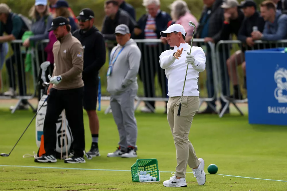Rory McIlroy of Northern Ireland practices during the Irish Open at Trump International Golf Links in Doonbeg, Ireland, Saturday, Sept. 12, 2026.(AP Photo/Peter Morrison)