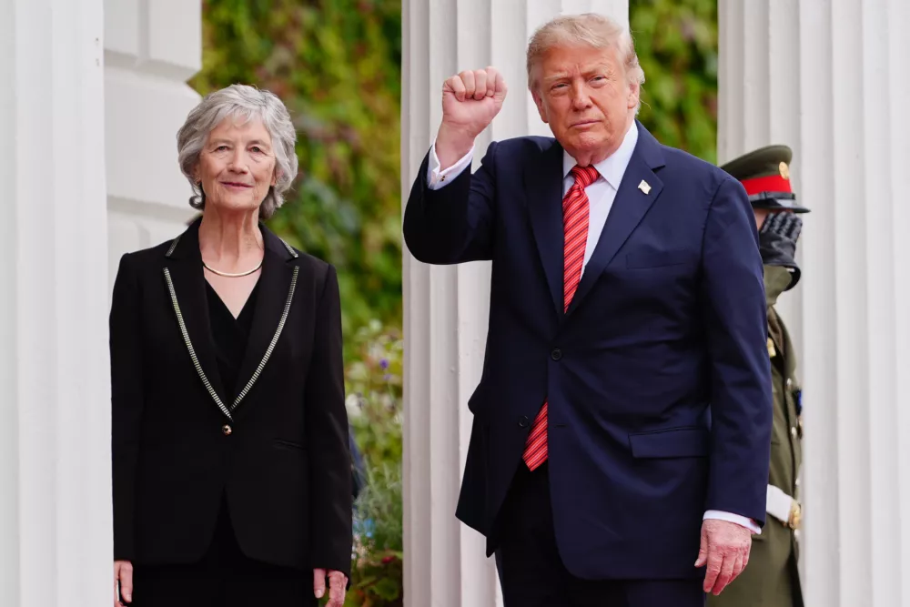 Ireland's President Catherine Connolly, left, greets U.S. President Donald Trump during a meeting at &Aacute;ras an Uachtar&aacute;in in Dublin, Saturday, Sept. 12, 2026. (AP Photo/Julia Demaree Nikhinson)